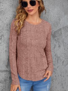 SHEIN LUNE 羅紋針織弧形下擺T恤 - 藕粉色 - 查看 5