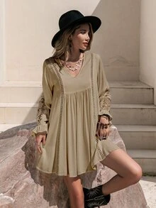 Rusttydustty Guipure Lace Insert Flounce Sleeve Smock Dress - Khaki - View 6