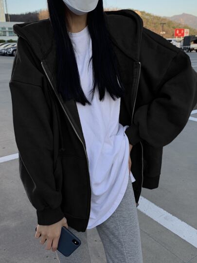 Dazy-Less 落肩抽绳拉链保暖连帽衫，长袖上衣，复古风格，秋季服装运动衫夹克