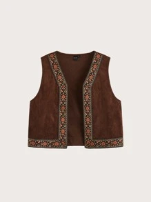 SHEIN MOD Contrast Tape Open Front Vest Jacket - Chocolate Brown - View 2