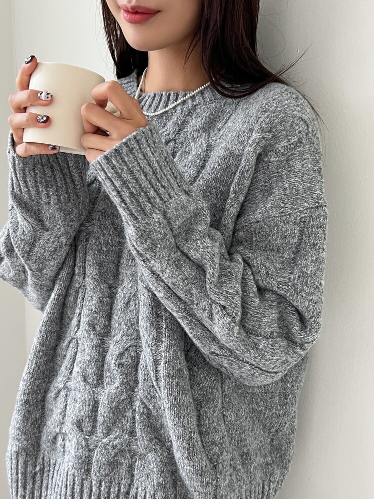 DAZY Solid Cable Knit Drop Shoulder Sweater,Fall Clothes