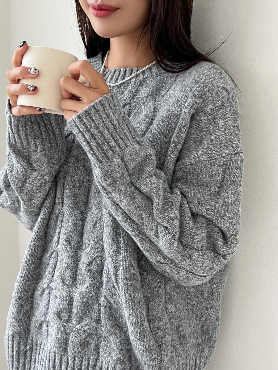 DAZY Solid Cable Knit Drop Shoulder Jumper - Light Grey - View 1