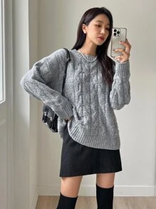DAZY Solid Cable Knit Drop Shoulder Jumper - Light Grey - View 3