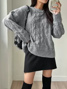 DAZY Solid Cable Knit Drop Shoulder Jumper - Light Grey - View 4