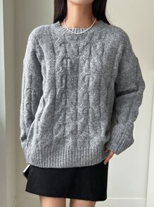 DAZY Solid Cable Knit Drop Shoulder Jumper - Light Grey - View 5