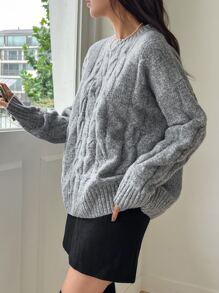 DAZY Solid Cable Knit Drop Shoulder Jumper - Light Grey - View 6