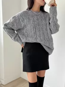 DAZY Solid Cable Knit Drop Shoulder Jumper - Light Grey - View 7