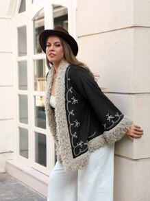 Rusttydustty Plus Plants Embroidery Teddy Lined Coat - Black - View 1