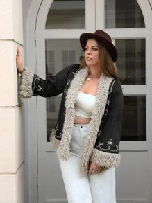 Rusttydustty Plus Plants Embroidery Teddy Lined Coat - Black - View 3