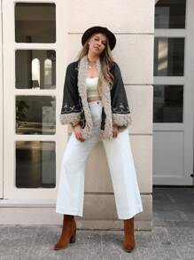 Rusttydustty Plus Plants Embroidery Teddy Lined Coat - Black - View 4