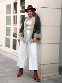 Rusttydustty Plus Plants Embroidery Teddy Lined Coat - Black - View 5