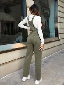 SHEIN Frenchy Letter Patched Pocket Front Denim Dungarees Without Tee - Army Green - View 2