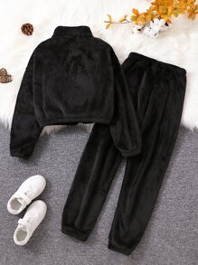 Chaqueta Y Pantalón Teddy De Hombro Caído Para Niña Adolescente - Negro - Ver 2