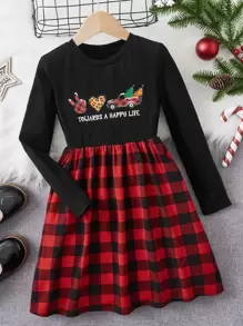 SHEIN Girls Christmas Print Dress - Multicolor - View 1