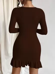 Firerie Ruffle Hem Bodycon Jumper Dress - Chocolate Brown - View 2