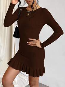 Firerie Ruffle Hem Bodycon Jumper Dress - Chocolate Brown - View 4
