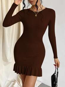 Firerie Ruffle Hem Bodycon Jumper Dress - Chocolate Brown - View 5