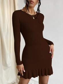 Firerie Ruffle Hem Bodycon Jumper Dress - Chocolate Brown - View 1