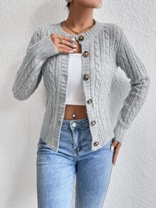 SHEIN EZwear Áo khoác cardigan dệt kim có lỗ, tay dài cho mùa thu/đông - Màu Xám nhạt - Xem 5