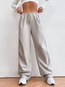 SHEIN EZwear 素色腰部抽繩降落傘褲 - 米色 - 查看 3