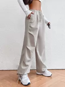 SHEIN EZwear 素色腰部抽繩降落傘褲 - 米色 - 查看 4