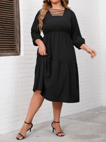 Vestido de escalera con abertura de manga obispo bajo con fruncido - Negro - Ver 3