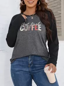 SHEIN LUNE Plus Leopard & Letter Graphic Raglan Sleeve Tee - Dark Grey - View 1