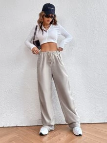 SHEIN EZwear 素色腰部抽繩降落傘褲 - 米色 - 查看 5