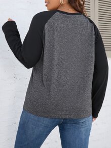 SHEIN LUNE Plus Leopard & Letter Graphic Raglan Sleeve Tee - Dark Grey - View 2