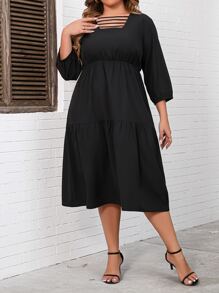 Vestido de escalera con abertura de manga obispo bajo con fruncido - Negro - Ver 5