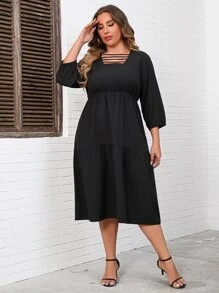 Vestido de escalera con abertura de manga obispo bajo con fruncido - Negro - Ver 6