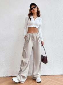 SHEIN EZwear 素色腰部抽繩降落傘褲 - 米色 - 查看 6