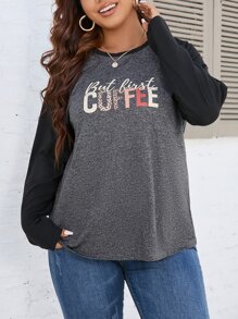 SHEIN LUNE Plus Leopard & Letter Graphic Raglan Sleeve Tee - Dark Grey - View 3