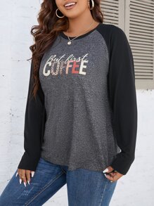 SHEIN LUNE Plus Leopard & Letter Graphic Raglan Sleeve Tee - Dark Grey - View 5