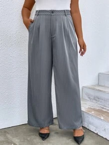 SHEIN Franclia Plus Striped Print Slant Pocket Suit Trousers - Grey - View 1