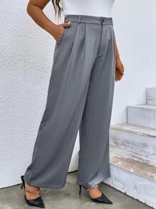 SHEIN Franclia Plus Striped Print Slant Pocket Suit Trousers - Grey - View 3