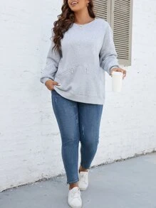 Calvaya Plus Zip Detail Drop Shoulder Sweatshirt - Light Grey - View 4