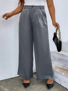 SHEIN Franclia Plus Striped Print Slant Pocket Suit Trousers - Grey - View 4