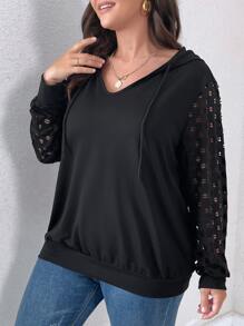 SHEIN LUNE Áo nỉ cỡ lớn rách vai rớt có dây rút - màu đen - Xem 5