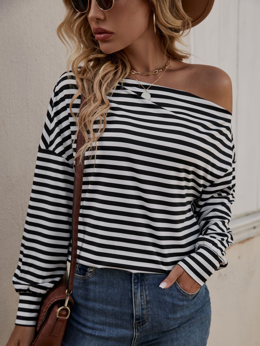 SHEIN LUNE Áo thun nữ Sọc Giải trí - Đen và trắng - Xem 1