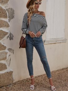 SHEIN LUNE Áo thun nữ Sọc Giải trí - Đen và trắng - Xem 3