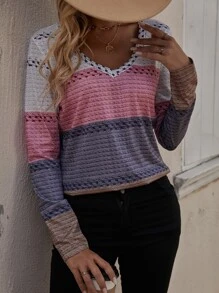 SHEIN LUNE 撞色V領T恤 - 藕粉色 - 查看 1