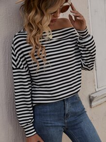 SHEIN LUNE Áo thun nữ Sọc Giải trí - Đen và trắng - Xem 5