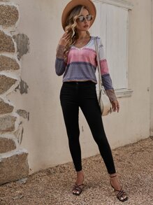 SHEIN LUNE 撞色V領T恤 - 藕粉色 - 查看 5