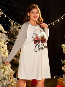 Vestido estilo camiseta con estampado de Navidad de manga raglán - Blanco - Ver 5