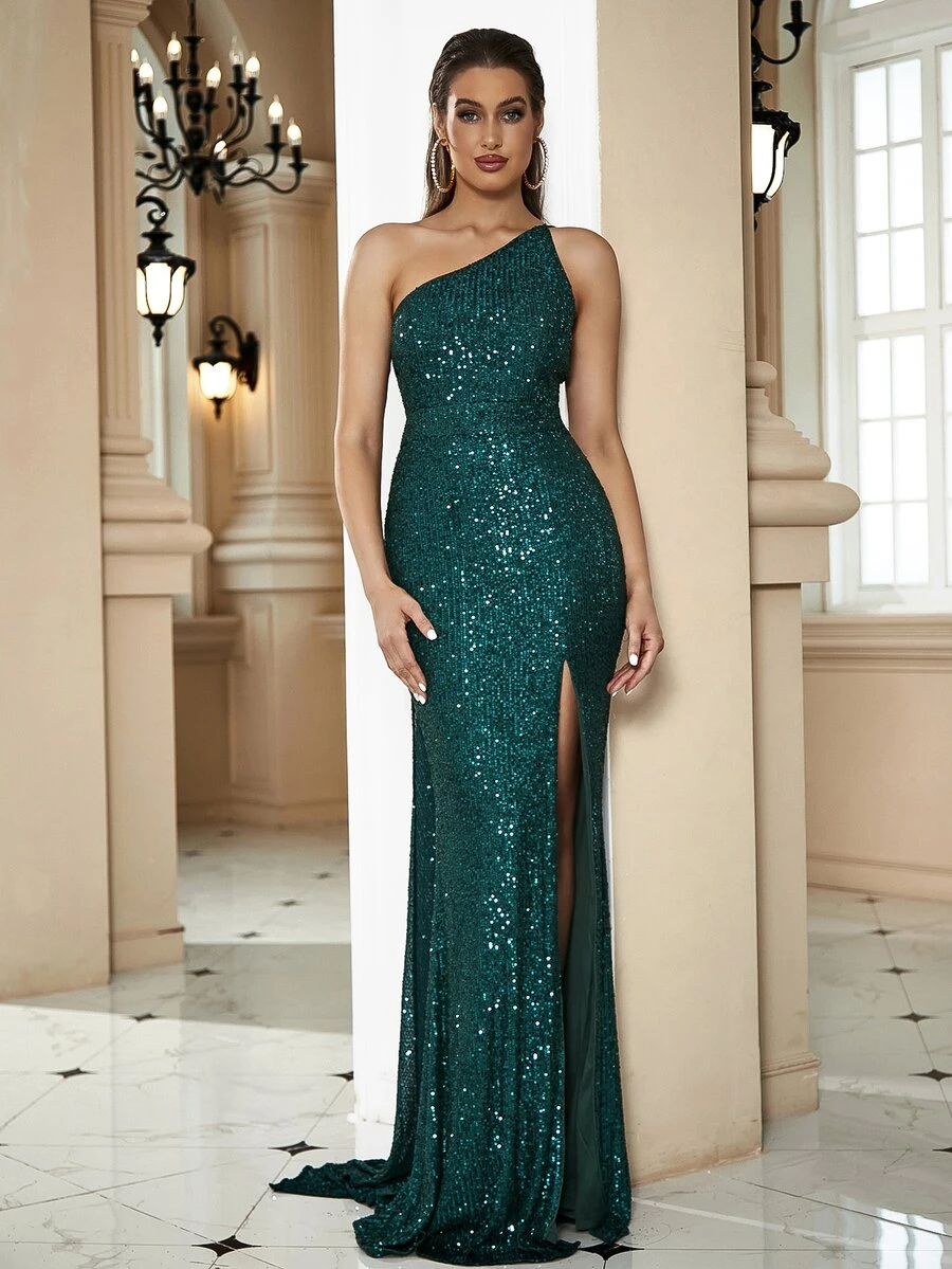 LOVE&LEMONADE One Shoulder Side Draped Split Thigh Sequin Formal Gown