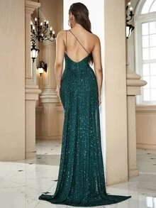 LOVE&LEMONADE One Shoulder Side Draped Split Thigh Sequin Formal Gown
