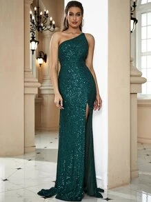 LOVE&LEMONADE One Shoulder Side Draped Split Thigh Sequin Formal Gown