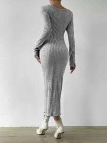 SHEIN Privé Cut Out Twist Front Split Thigh Bodycon Dress - Light Grey - View 2