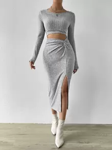 SHEIN Privé Cut Out Twist Front Split Thigh Bodycon Dress - Light Grey - View 3